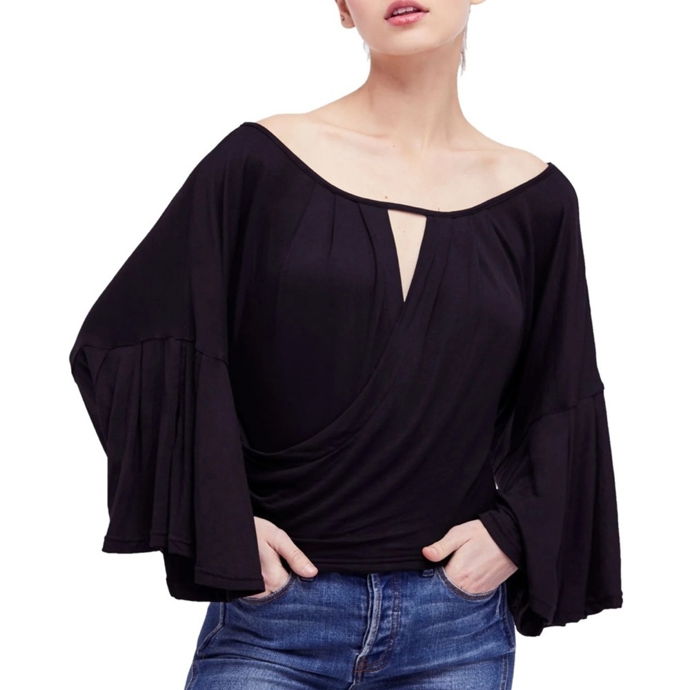 Free People Black Boho keyhole flowing aleeves Top NWT XS